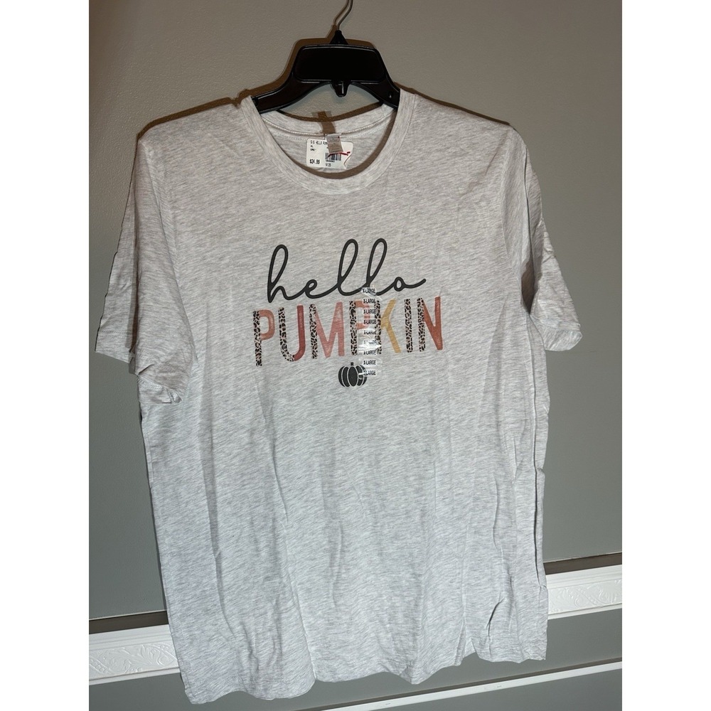NWT Hello Pumpkin Graphic T-Shirt Gray Leopard Print Fall Short Sleeve XL